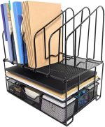Desk File Organizer with Drawer Anyyuk Office Supplies Organizer with Double Tray and 5 Upright File Folder Holders Sections Desktop Organizer for Workspace Home Office School, Black - Image 4